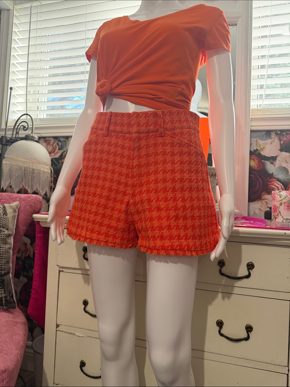 Zara Orange Houndstooth Teddy Shorts with matching cropped jacket